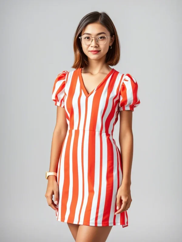 V-Neck Puff-Sleeves Striped Playsuit